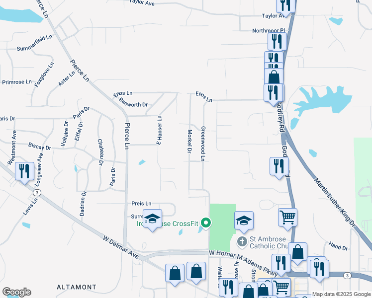 map of restaurants, bars, coffee shops, grocery stores, and more near 3304 Morkel Drive in Godfrey