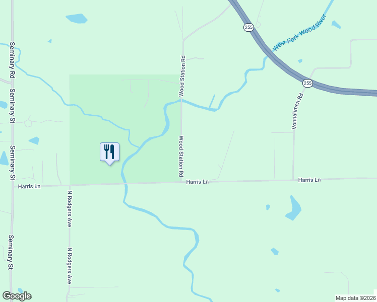 map of restaurants, bars, coffee shops, grocery stores, and more near 7414 Wood Station Road in Madison County