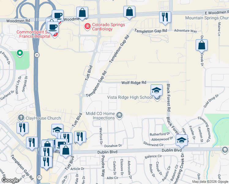 map of restaurants, bars, coffee shops, grocery stores, and more near 6940 Tullamore Drive in Colorado Springs