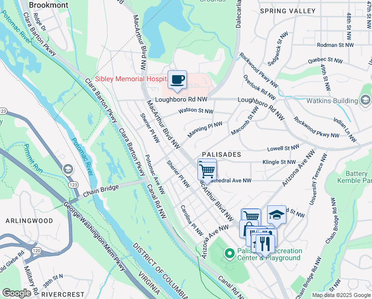 map of restaurants, bars, coffee shops, grocery stores, and more near 5631 MacArthur Boulevard Northwest in Washington