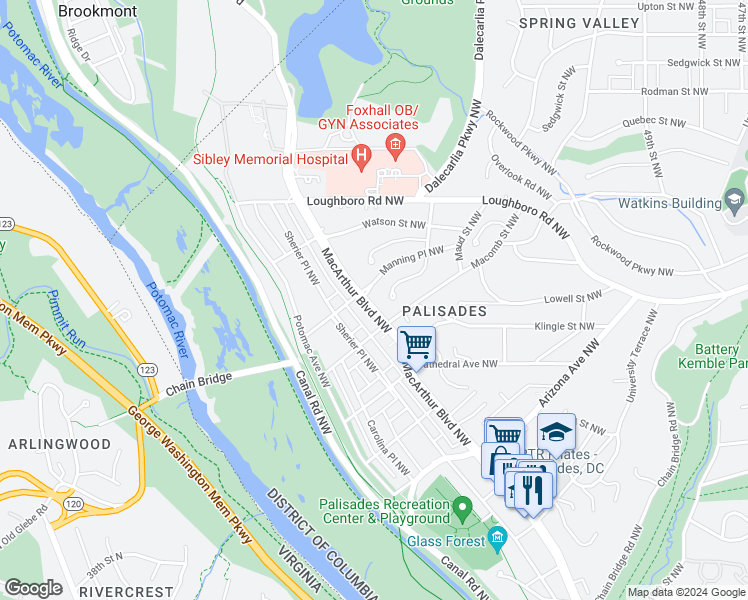 map of restaurants, bars, coffee shops, grocery stores, and more near 5631 MacArthur Boulevard Northwest in Washington
