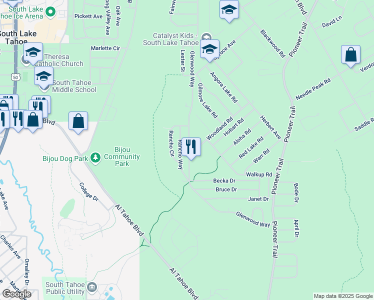 map of restaurants, bars, coffee shops, grocery stores, and more near 1418 Glenwood Way in South Lake Tahoe