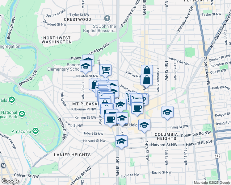 map of restaurants, bars, coffee shops, grocery stores, and more near 3300 16th Street Northwest in Washington