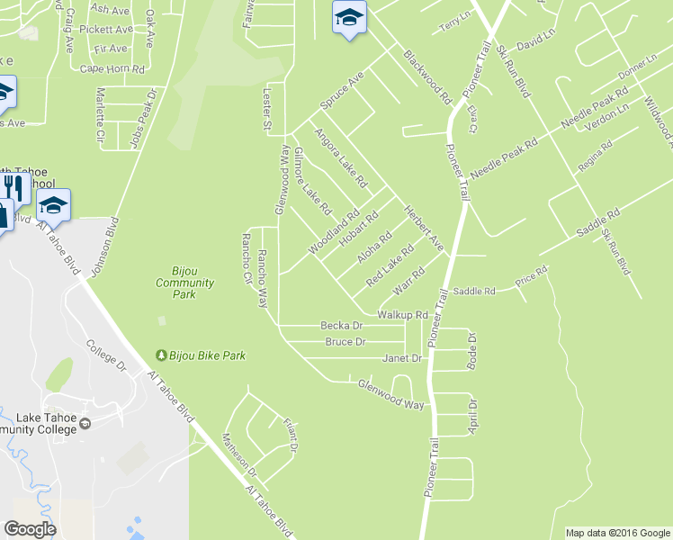 map of restaurants, bars, coffee shops, grocery stores, and more near 1407 Walkup Road in South Lake Tahoe
