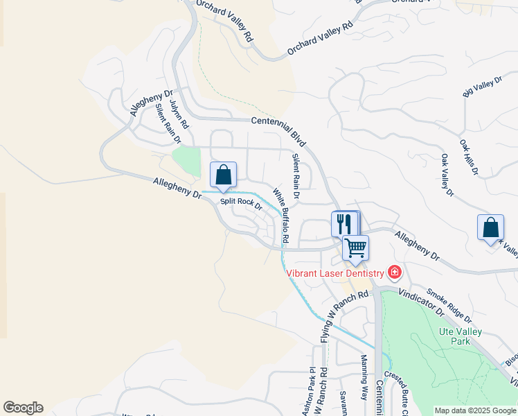 map of restaurants, bars, coffee shops, grocery stores, and more near 2317 Split Rock Drive in Colorado Springs