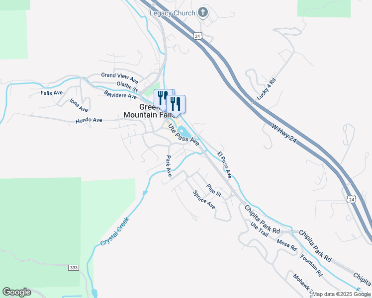 map of restaurants, bars, coffee shops, grocery stores, and more near 6845D Hotel Street in Green Mountain Falls