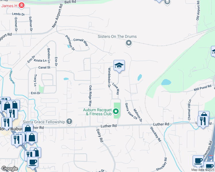 map of restaurants, bars, coffee shops, grocery stores, and more near 1465 Wimbledon Drive in Auburn