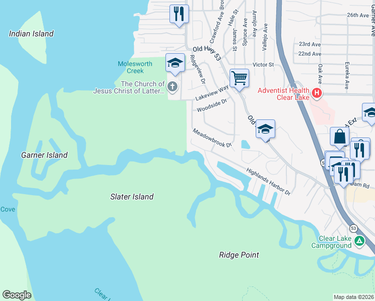 map of restaurants, bars, coffee shops, grocery stores, and more near 15075 Highlands Harbor Drive in Clearlake