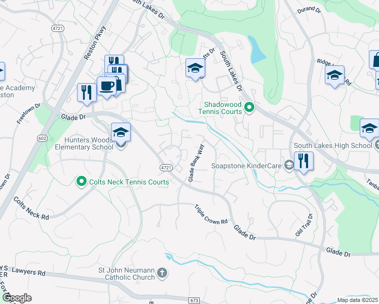 map of restaurants, bars, coffee shops, grocery stores, and more near 11845 Dunlop Court in Reston