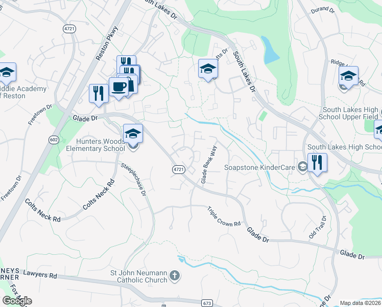 map of restaurants, bars, coffee shops, grocery stores, and more near 2315 Charterhouse Circle in Reston