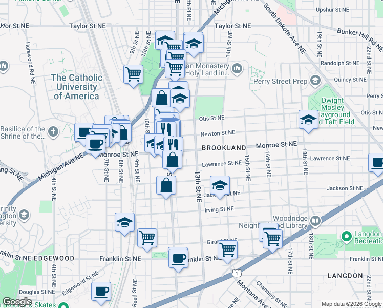 map of restaurants, bars, coffee shops, grocery stores, and more near 1263 Monroe Street Northeast in Washington