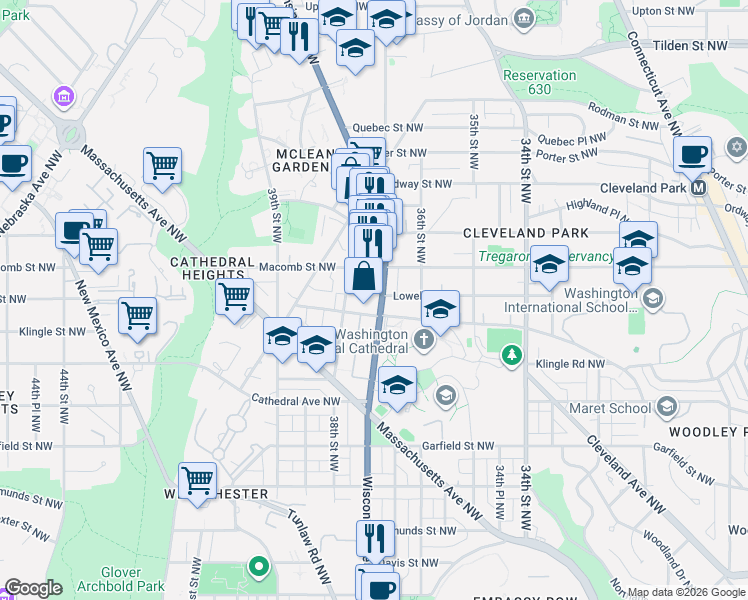 map of restaurants, bars, coffee shops, grocery stores, and more near 3210 Wisconsin Avenue Northwest in Washington