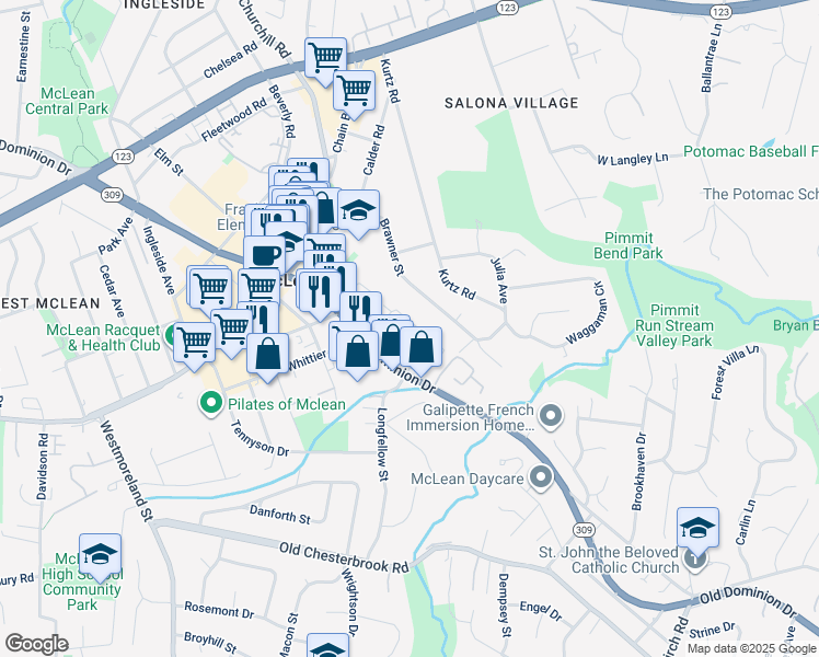 map of restaurants, bars, coffee shops, grocery stores, and more near 1511 Hampton Hill Circle in McLean