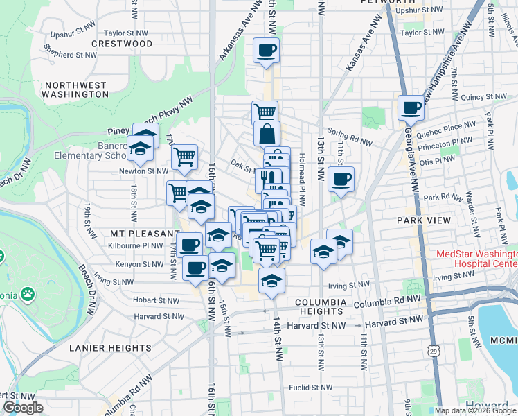 map of restaurants, bars, coffee shops, grocery stores, and more near 1417 Newton Street Northwest in Washington