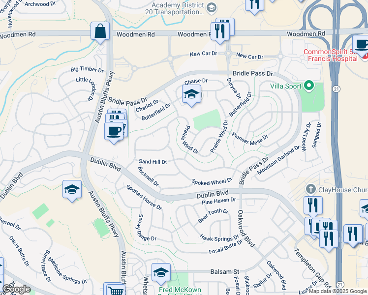 map of restaurants, bars, coffee shops, grocery stores, and more near 6887 Prairie Wind Drive in Colorado Springs
