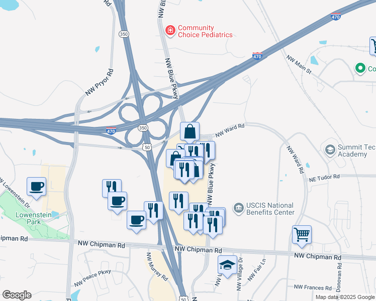 map of restaurants, bars, coffee shops, grocery stores, and more near 990 Northwest Blue Parkway in Lee's Summit