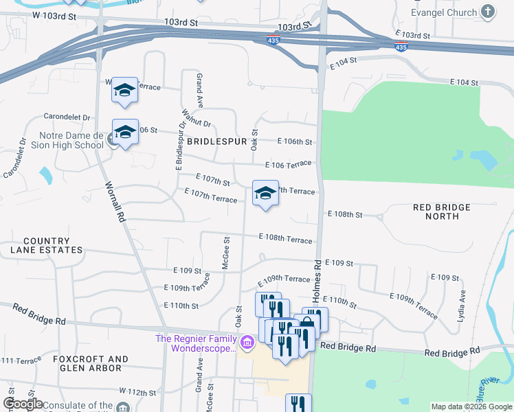 map of restaurants, bars, coffee shops, grocery stores, and more near 10781 Oak Street in Kansas City