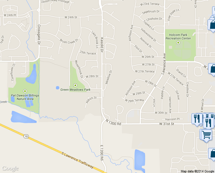 map of restaurants, bars, coffee shops, grocery stores, and more near 2824 Meadow Drive in Lawrence