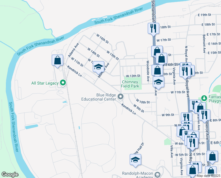 map of restaurants, bars, coffee shops, grocery stores, and more near 628 West 11th Street in Front Royal