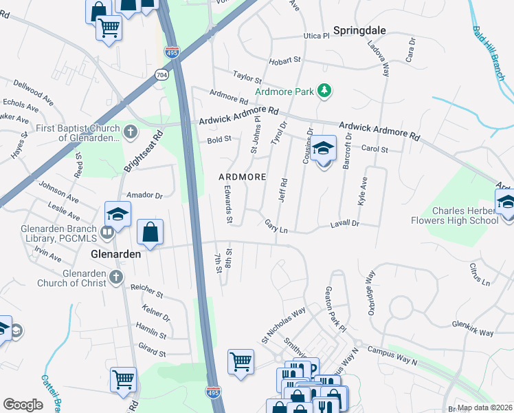 map of restaurants, bars, coffee shops, grocery stores, and more near 3508 Tyrol Drive in Glenarden