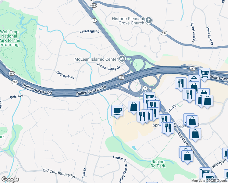 map of restaurants, bars, coffee shops, grocery stores, and more near 8852 Mansion View Court in Vienna