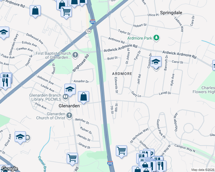 map of restaurants, bars, coffee shops, grocery stores, and more near 1530 7th Street in Glenarden