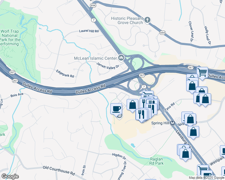 map of restaurants, bars, coffee shops, grocery stores, and more near 8854 Mansion View Court in Vienna