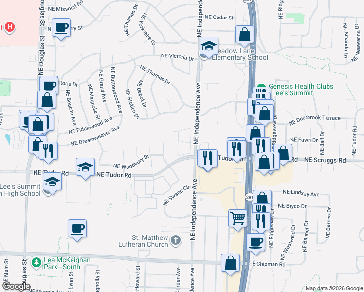 map of restaurants, bars, coffee shops, grocery stores, and more near 1102 Northeast Independence Avenue in Lee's Summit