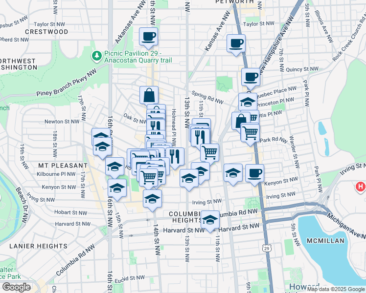 map of restaurants, bars, coffee shops, grocery stores, and more near 3500 13th Street Northwest in Washington