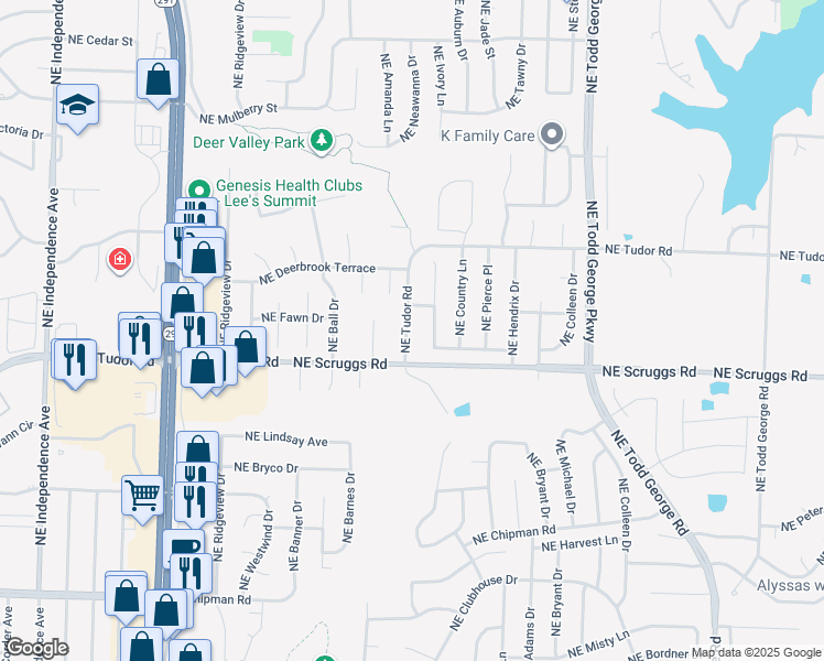 map of restaurants, bars, coffee shops, grocery stores, and more near 1267 Northeast Tudor Road in Lee's Summit