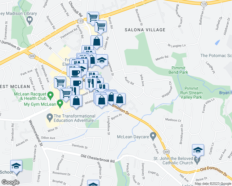 map of restaurants, bars, coffee shops, grocery stores, and more near 1513 Hampton Hill Circle in McLean