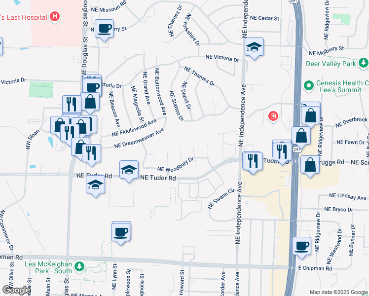 map of restaurants, bars, coffee shops, grocery stores, and more near 1113 Northeast Woodbury Court in Lee's Summit