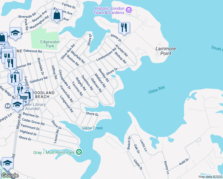 map of restaurants, bars, coffee shops, grocery stores, and more near 1205 Shore Drive in Edgewater