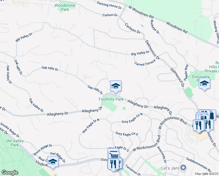 map of restaurants, bars, coffee shops, grocery stores, and more near 910 Oak Bend Court in Colorado Springs