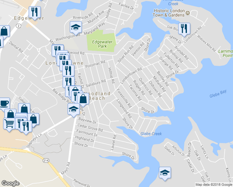 map of restaurants, bars, coffee shops, grocery stores, and more near 1701 Longwood Road in Edgewater