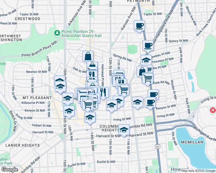 map of restaurants, bars, coffee shops, grocery stores, and more near 3500 13th Street Northwest in Washington