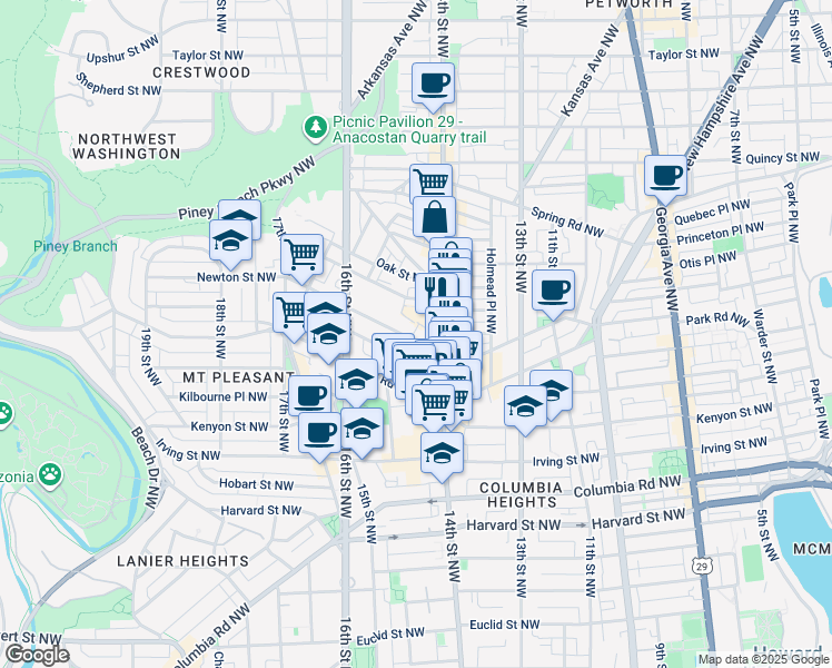 map of restaurants, bars, coffee shops, grocery stores, and more near 1423 Newton Street Northwest in Washington