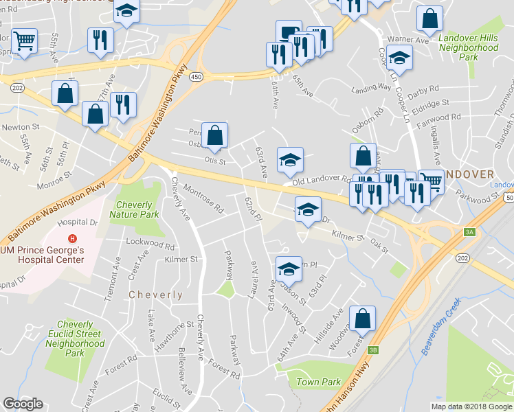 map of restaurants, bars, coffee shops, grocery stores, and more near 3410 63rd Avenue in Cheverly