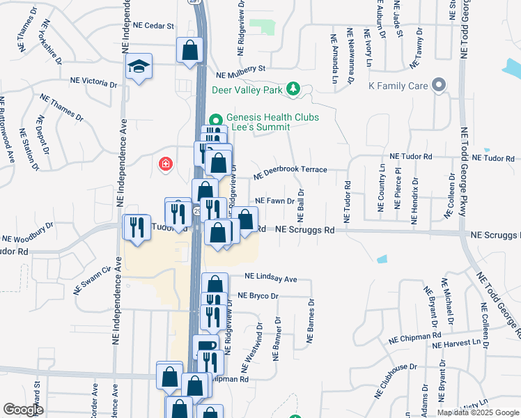 map of restaurants, bars, coffee shops, grocery stores, and more near 1114 Northeast Richardson Place in Lee's Summit