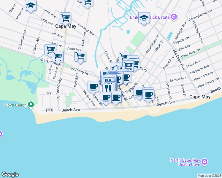 map of restaurants, bars, coffee shops, grocery stores, and more near 325 Washington Street in Cape May