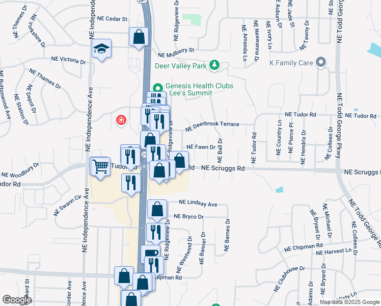 map of restaurants, bars, coffee shops, grocery stores, and more near 1114 Northeast Richardson Place in Lee's Summit