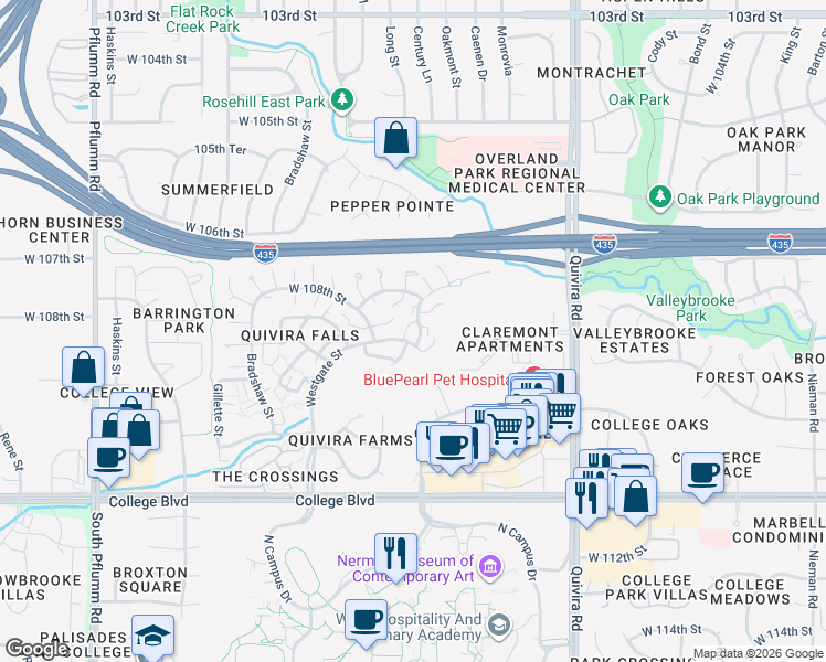 map of restaurants, bars, coffee shops, grocery stores, and more near 10798 Oakmont Street in Overland Park