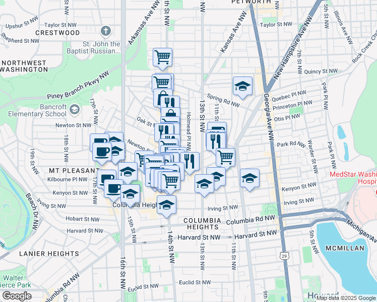 map of restaurants, bars, coffee shops, grocery stores, and more near 700 Newton Street Northwest in Washington