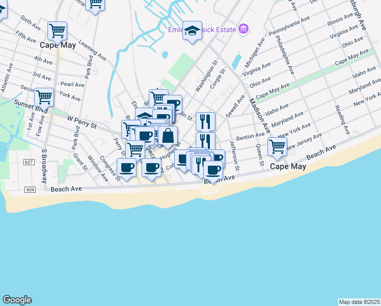 map of restaurants, bars, coffee shops, grocery stores, and more near 120 Stockton Place in Cape May