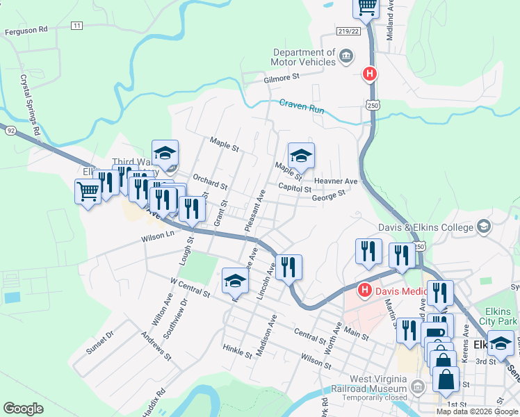 map of restaurants, bars, coffee shops, grocery stores, and more near 55-67 Pleasant Ave in Elkins