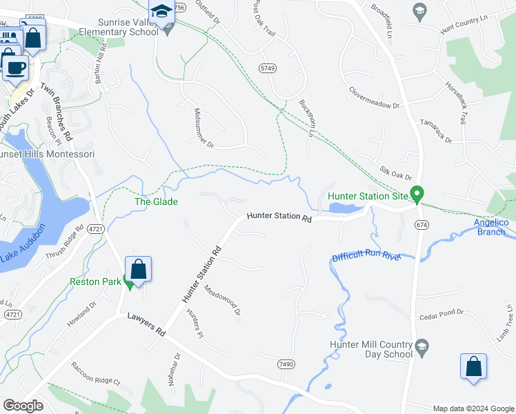 map of restaurants, bars, coffee shops, grocery stores, and more near 10620 Hunter Station Road in Vienna