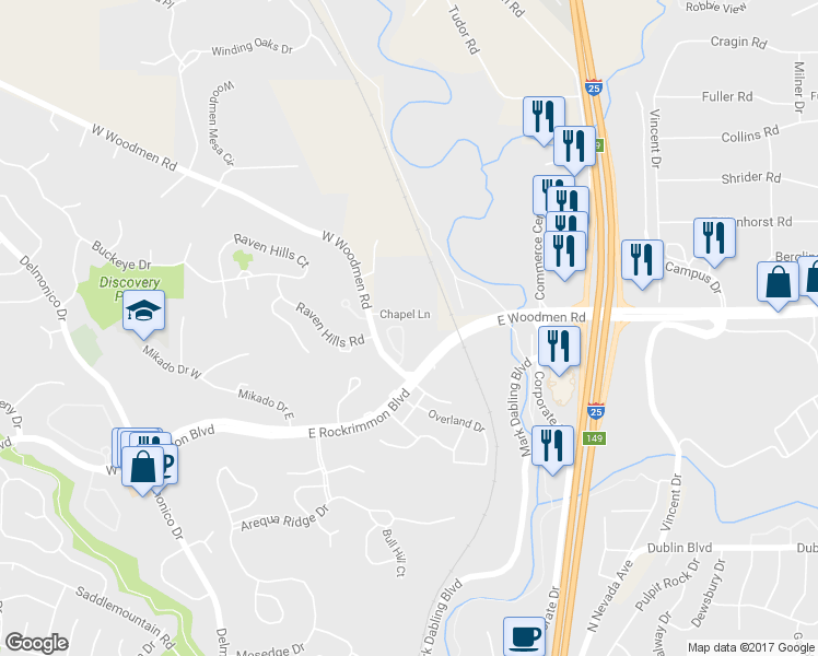 map of restaurants, bars, coffee shops, grocery stores, and more near 6937 Gayle Lyn Lane in Colorado Springs