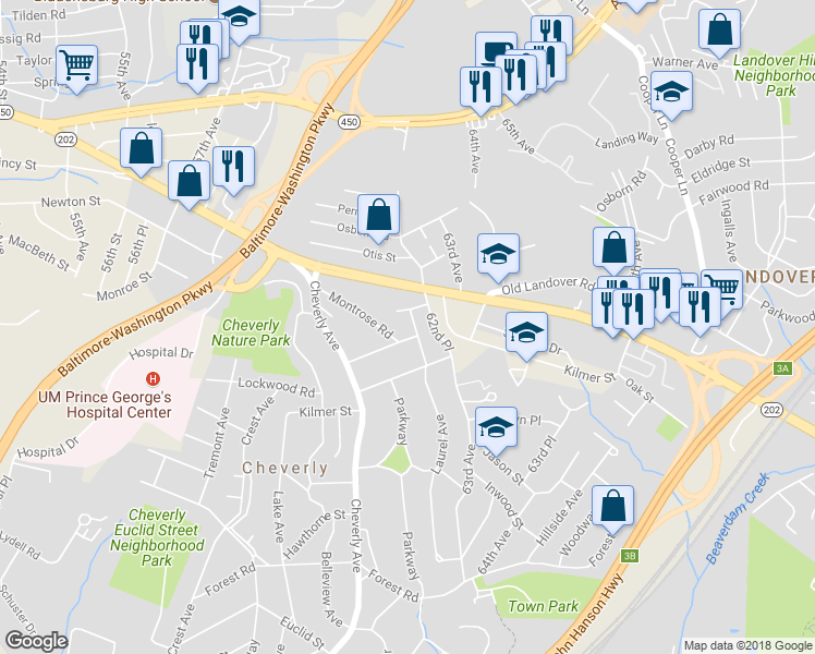 map of restaurants, bars, coffee shops, grocery stores, and more near 3400 Laurel Avenue in Cheverly