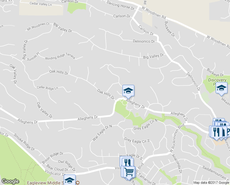 map of restaurants, bars, coffee shops, grocery stores, and more near 945 Oak Bend Court in Colorado Springs