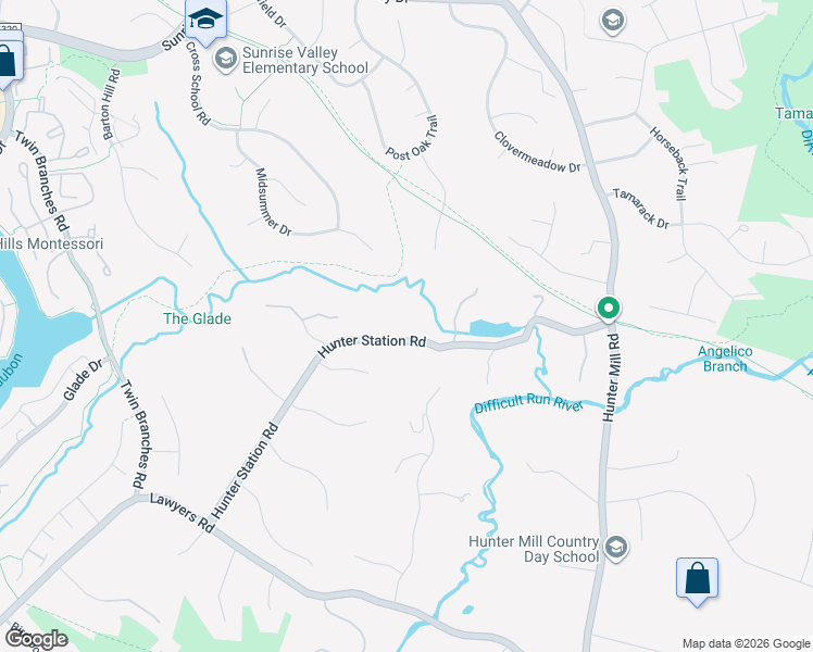 map of restaurants, bars, coffee shops, grocery stores, and more near 10614 Hunter Station Road in Vienna